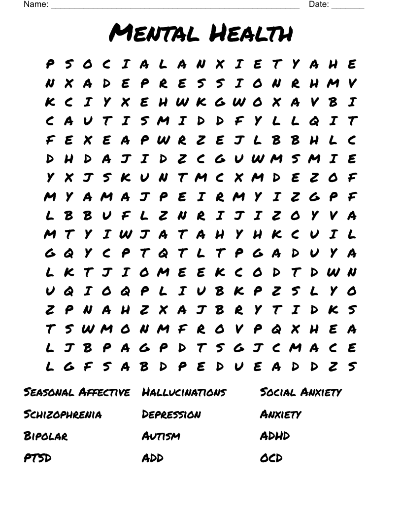 Mental Health Word Search WordMint