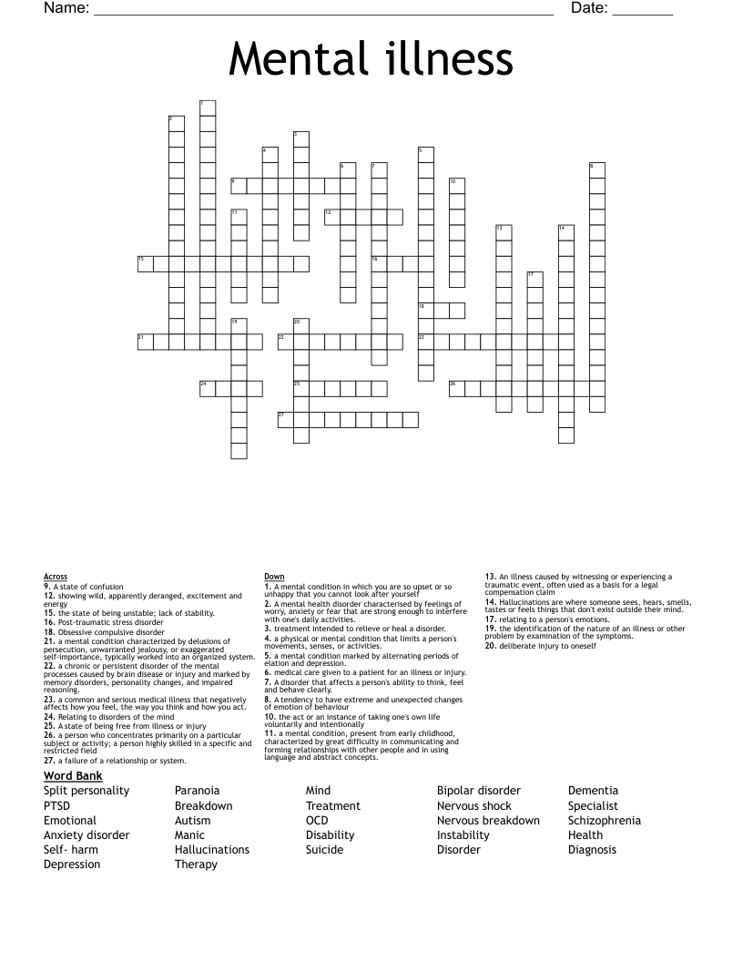 crossword puzzle mental health