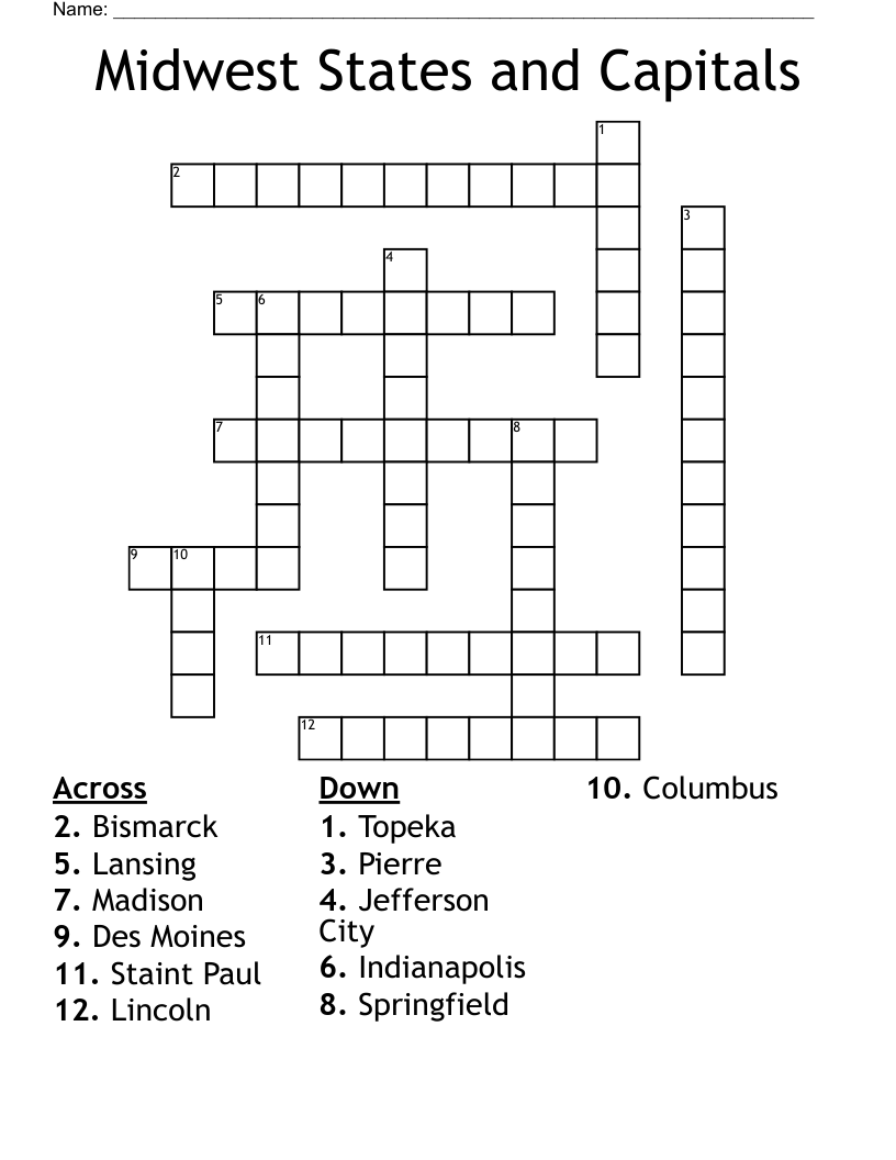 Midwest States And Capitals Crossword WordMint Midwest States And Capitals Crossword WordMint