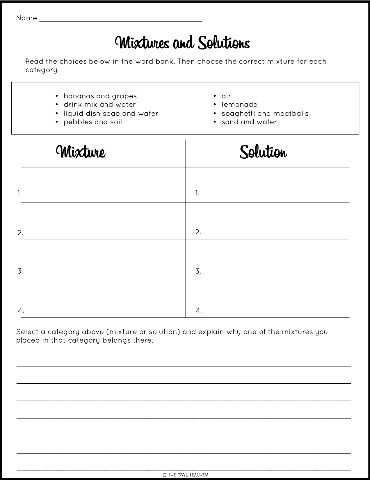Mixtures And Solutions Worksheet