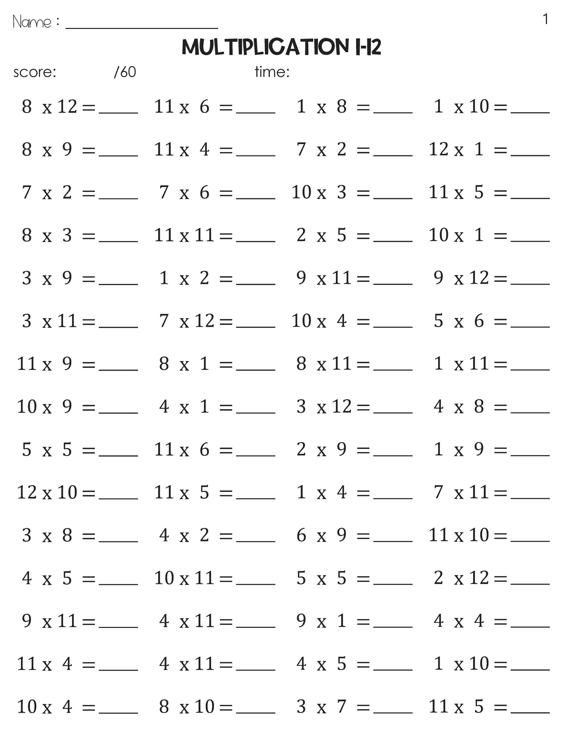 Multiplication 1 12 Math Timed Tests Speed Drills Worksheets Etsy Canada