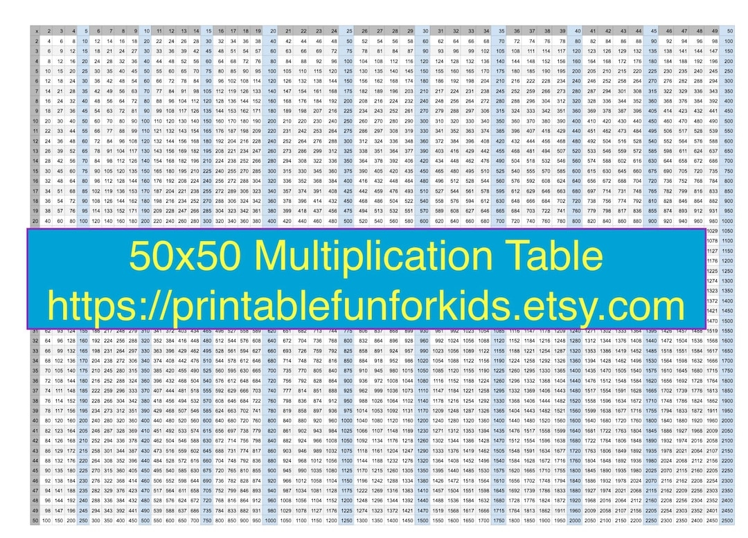 Multiplication Table 50x50 In Letter And A4 Format High Res PDF Single Page Etsy