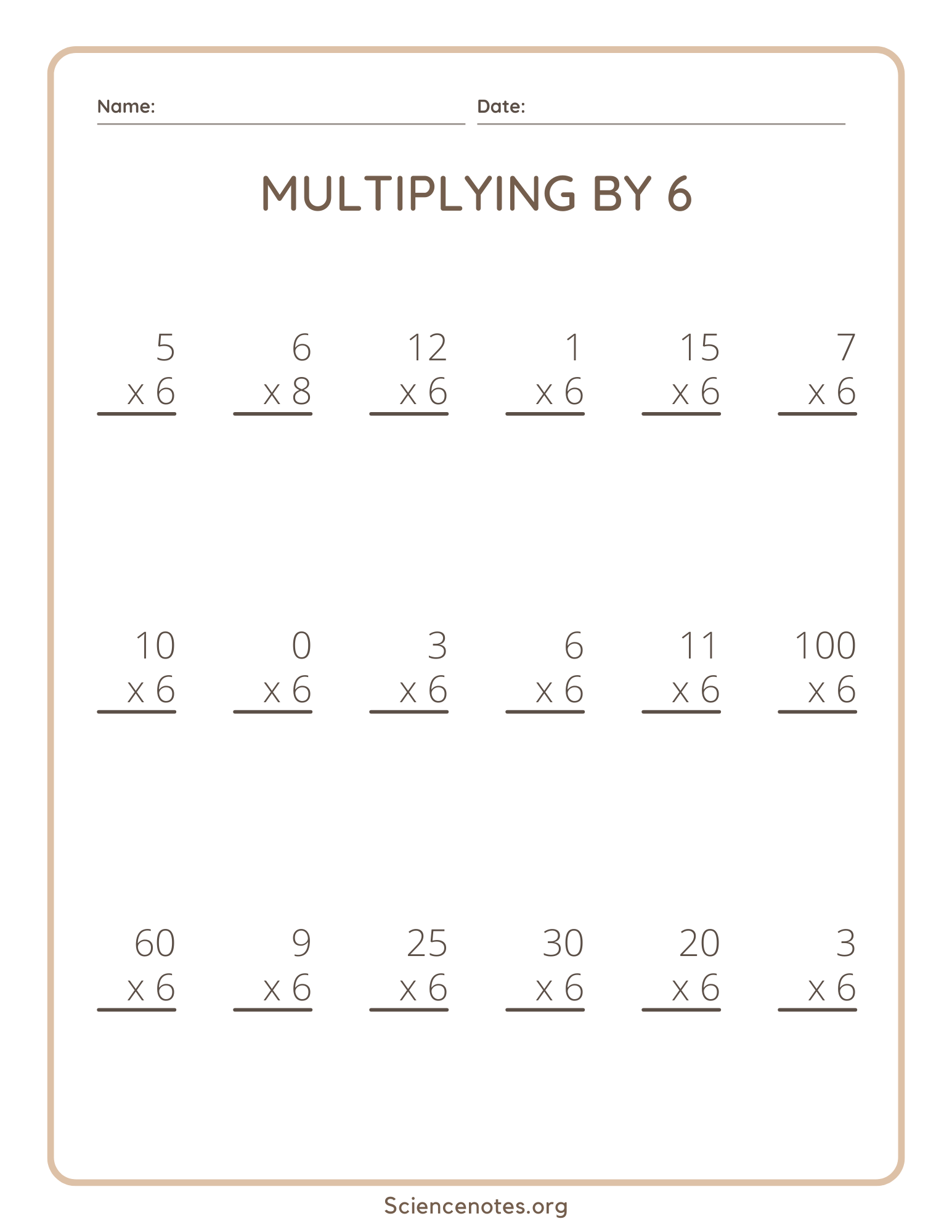 Multiply By 6 Worksheet