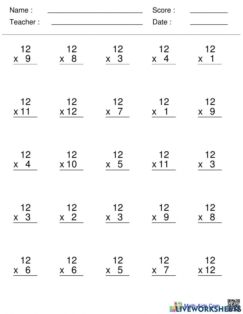 Multiply By 12 Worksheet Live Worksheets Worksheets Library