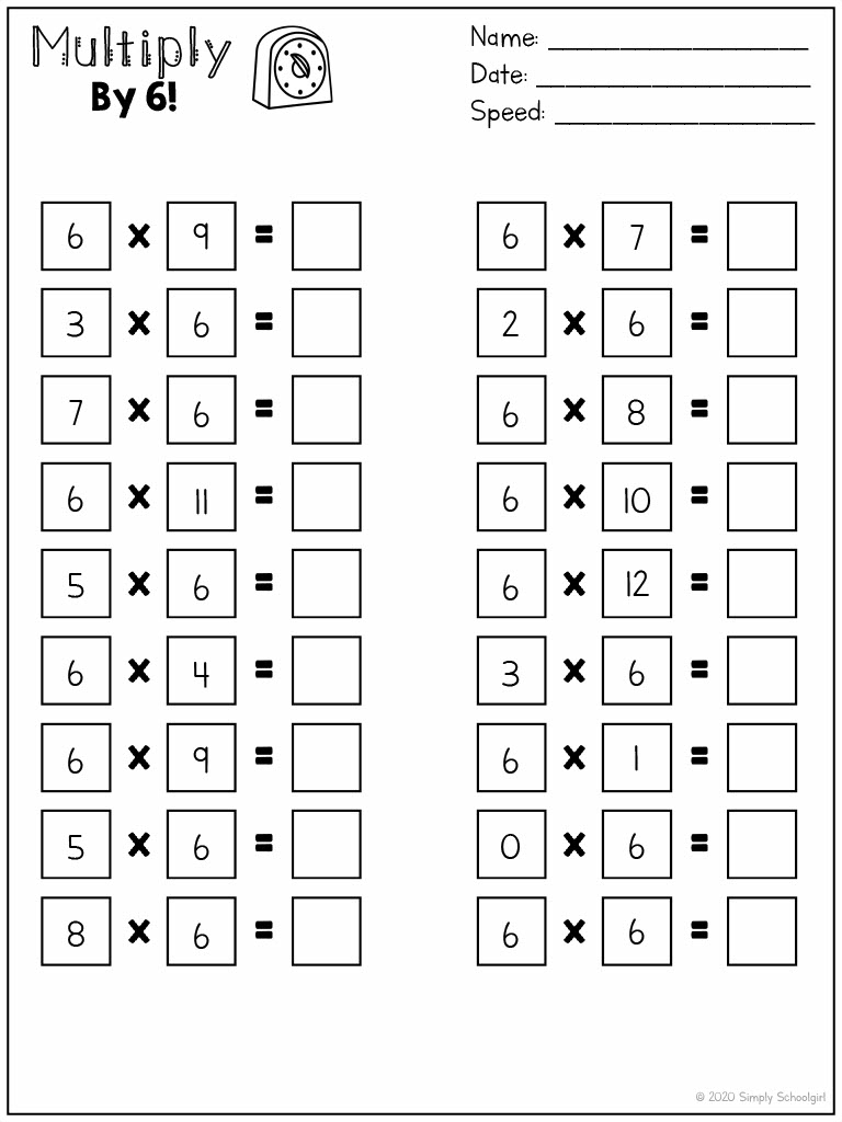 Multiply By Six Worksheets Multiplication Facts 6 Times Tables By Teach Simple