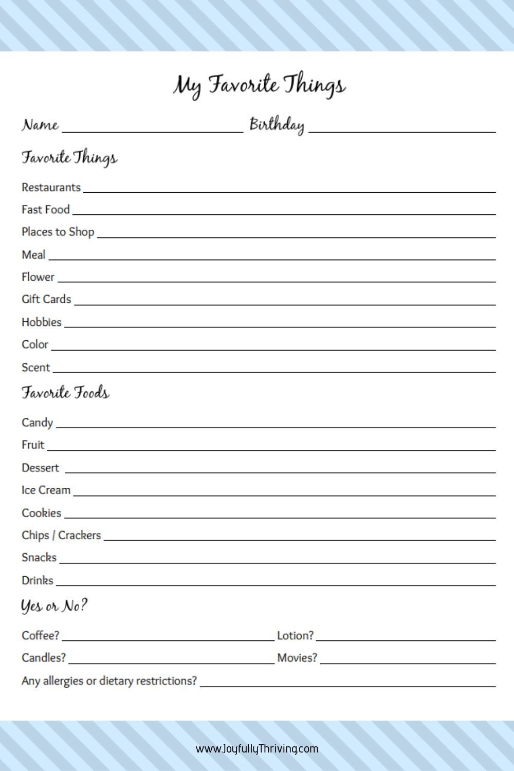 Free Printable My Favorite Things Worksheet