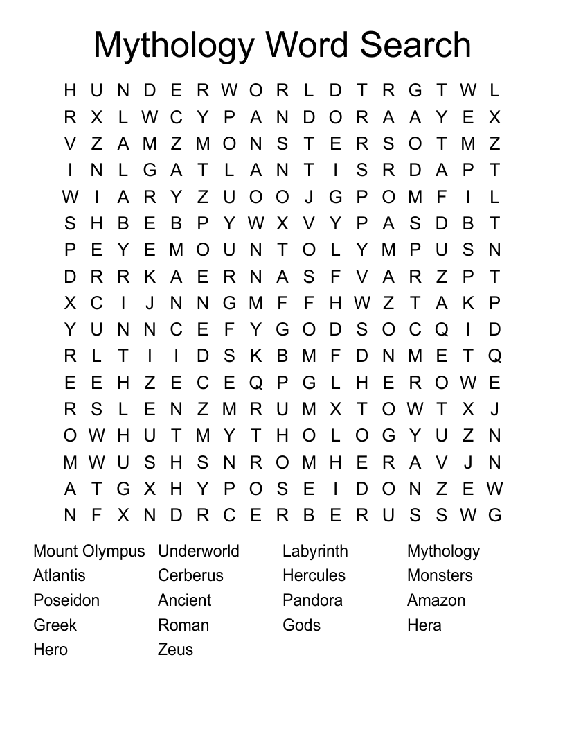 Mythology Word Search WordMint