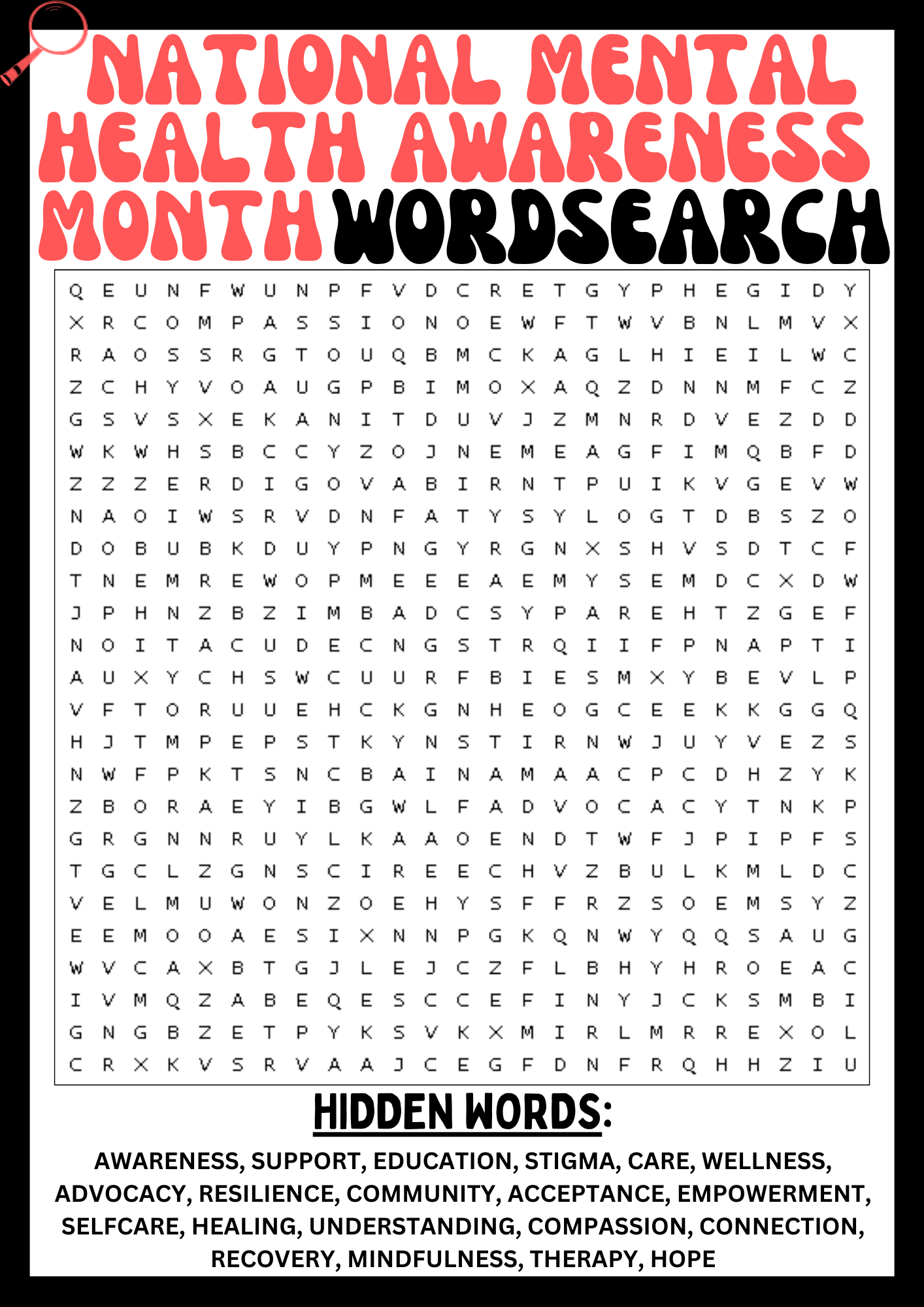 NATIONAL MENTAL HEALTH AWARENESS MONTH Wordsearch Puzzle Worksheet Printables Activity Made By Teachers
