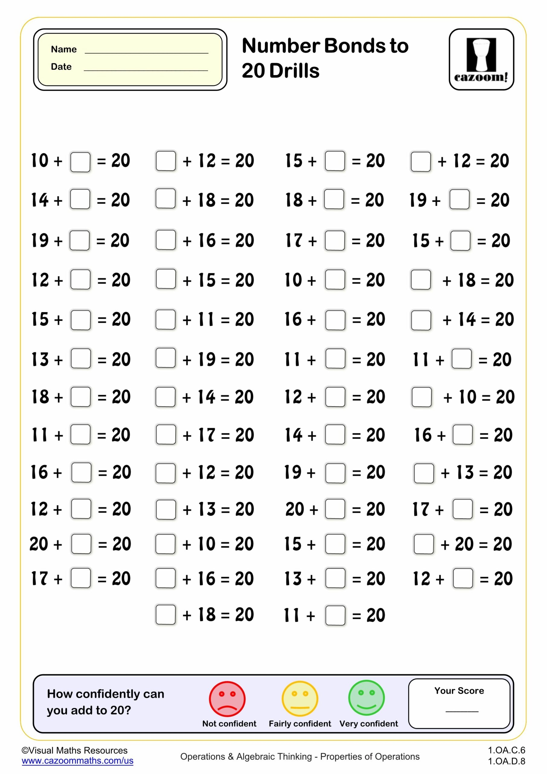Number Bonds To 20 Drills 50 Questions Fun And Engaging 1st Grade PDF Worksheets Cazoom Math Number Bonds To 20 Drills 50 Questions Fun And Engaging 1st Grade PDF Worksheets Cazoom Math
