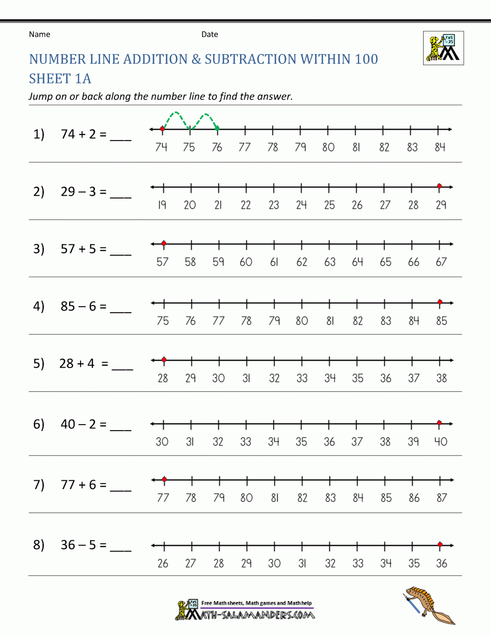 Free Printable Number Line Addition Worksheets
