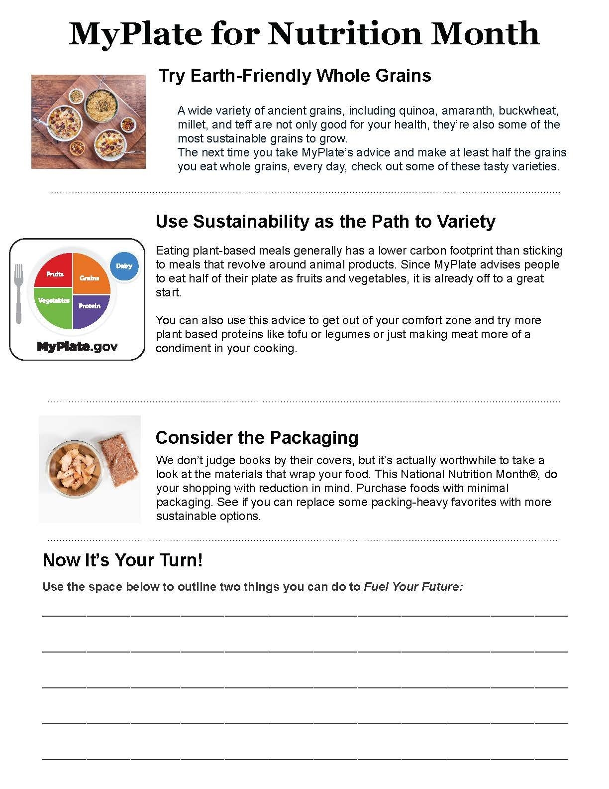 Nutrition Month Worksheet Handout To Use MyPlate In Printable PDF Food And Health Communications