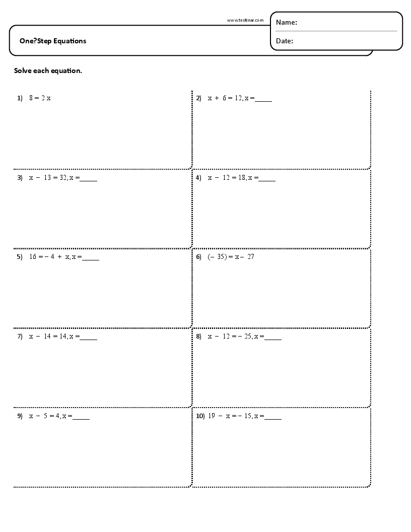 One Step Equations Worksheets