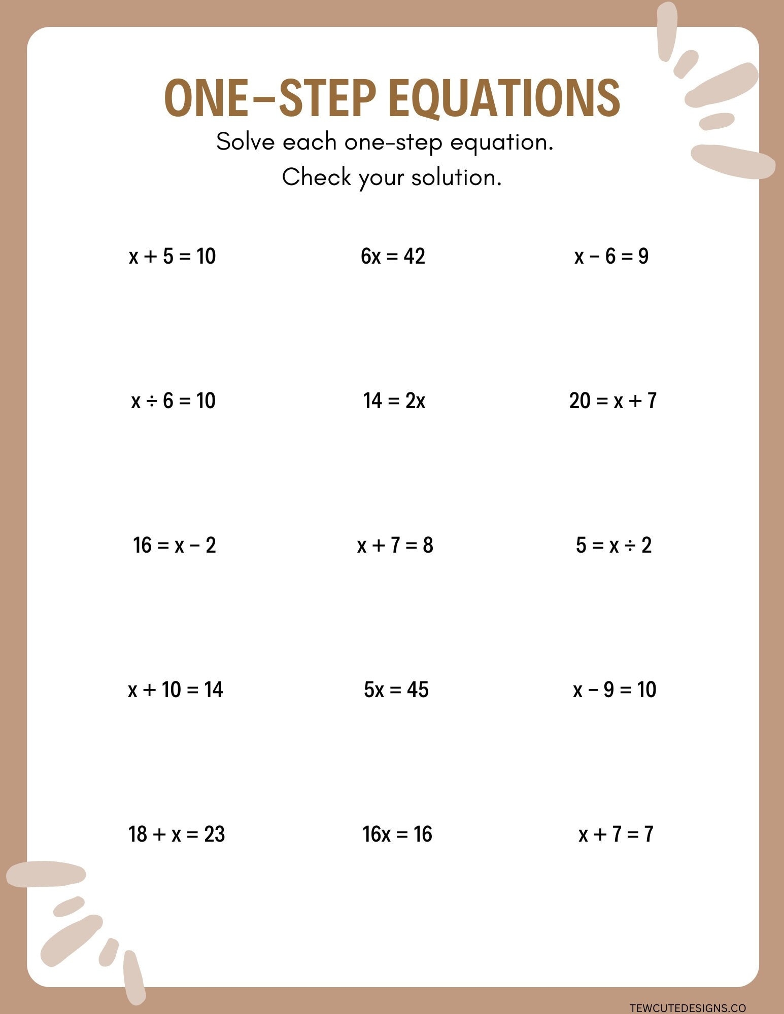 One Step Equation Worksheet