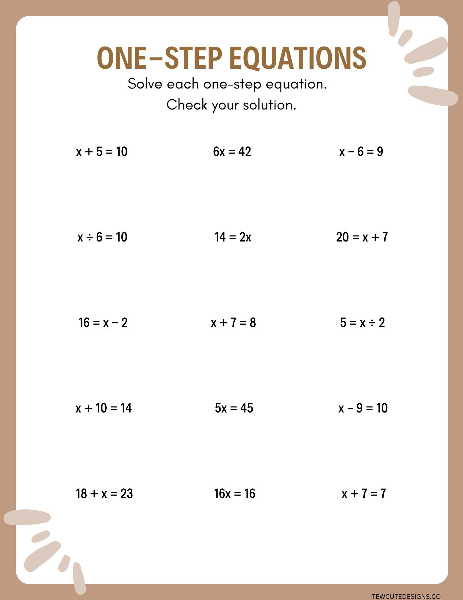 one-step equations worksheets pdf