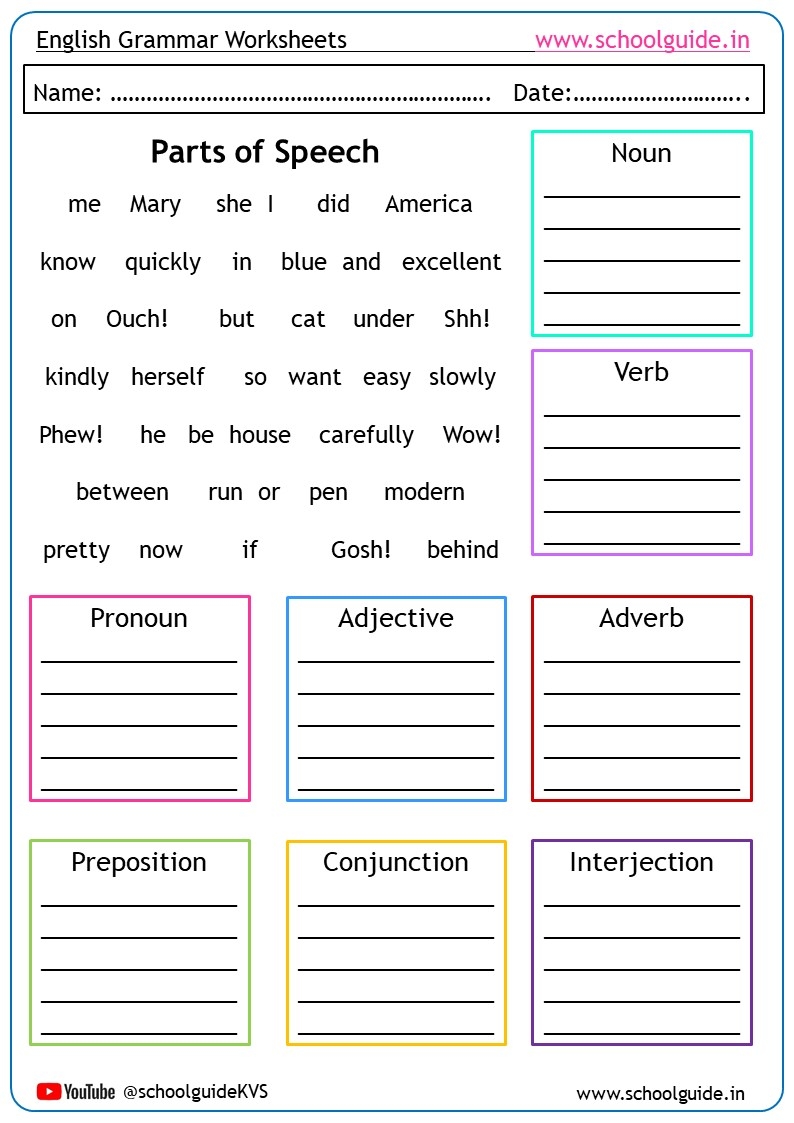 Free Printable Parts Of Speech Worksheets