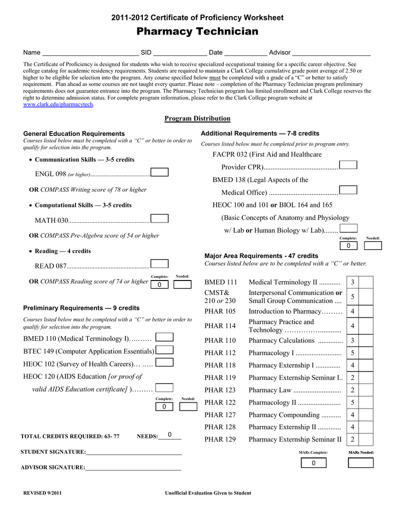 Pharmacy Technician 2011 2012 Certificate Of Proficiency Worksheet Worksheets Library