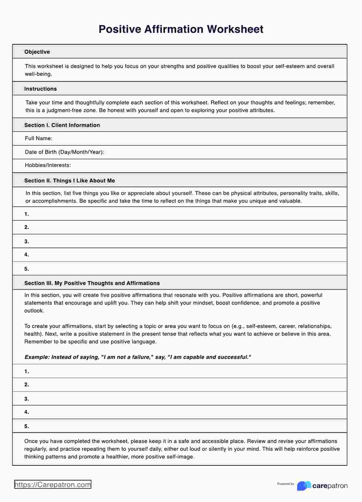 Printable Positive Affirmations Worksheet Pdf