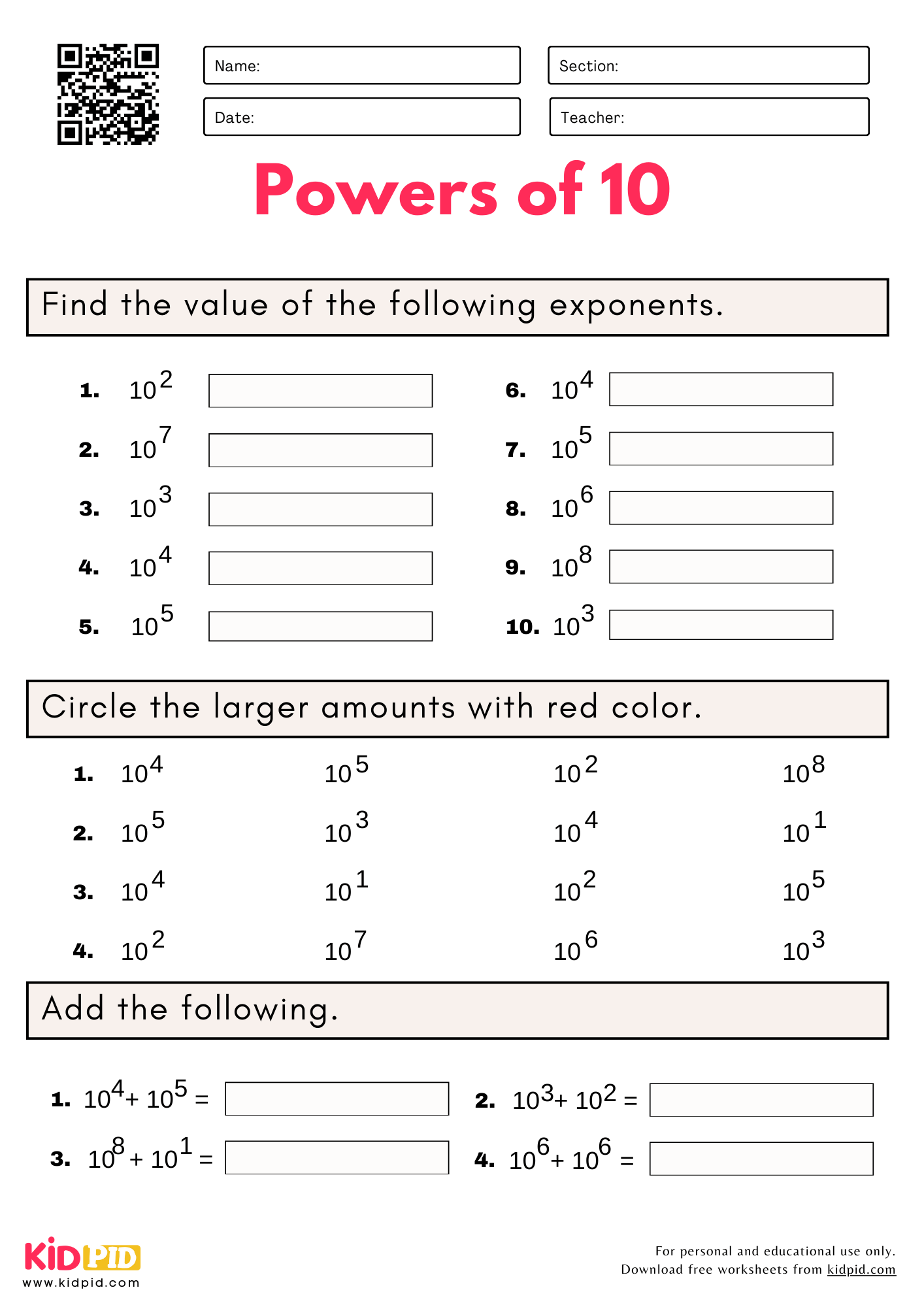 Powers Of 10 Worksheets