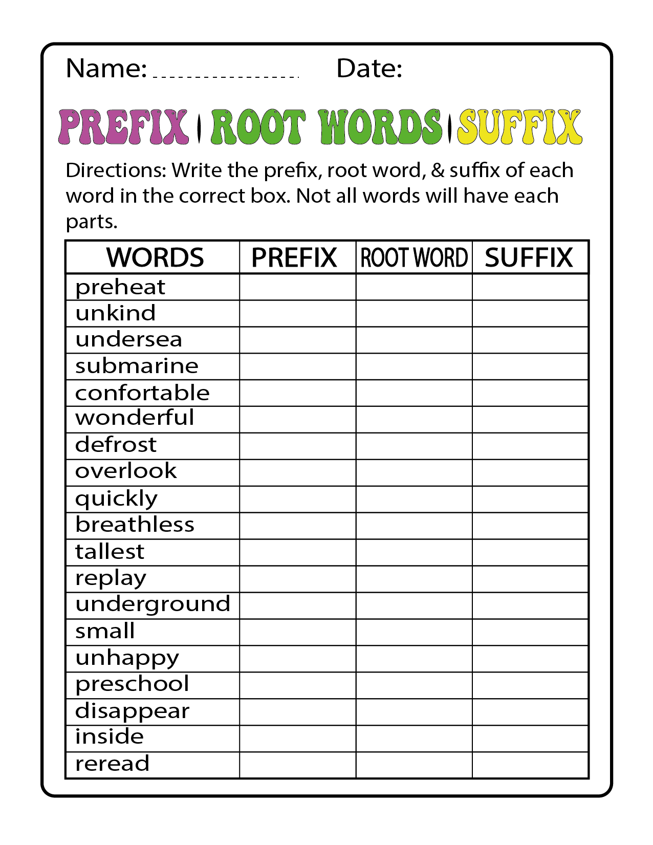 Prefix Suffix Root Word Worksheet