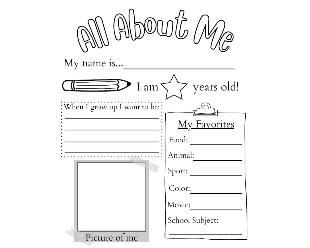 PRINTABLE All About Me Worksheet Printable Activity For Kids First Day Of School Questionnaire PDF Etsy UK