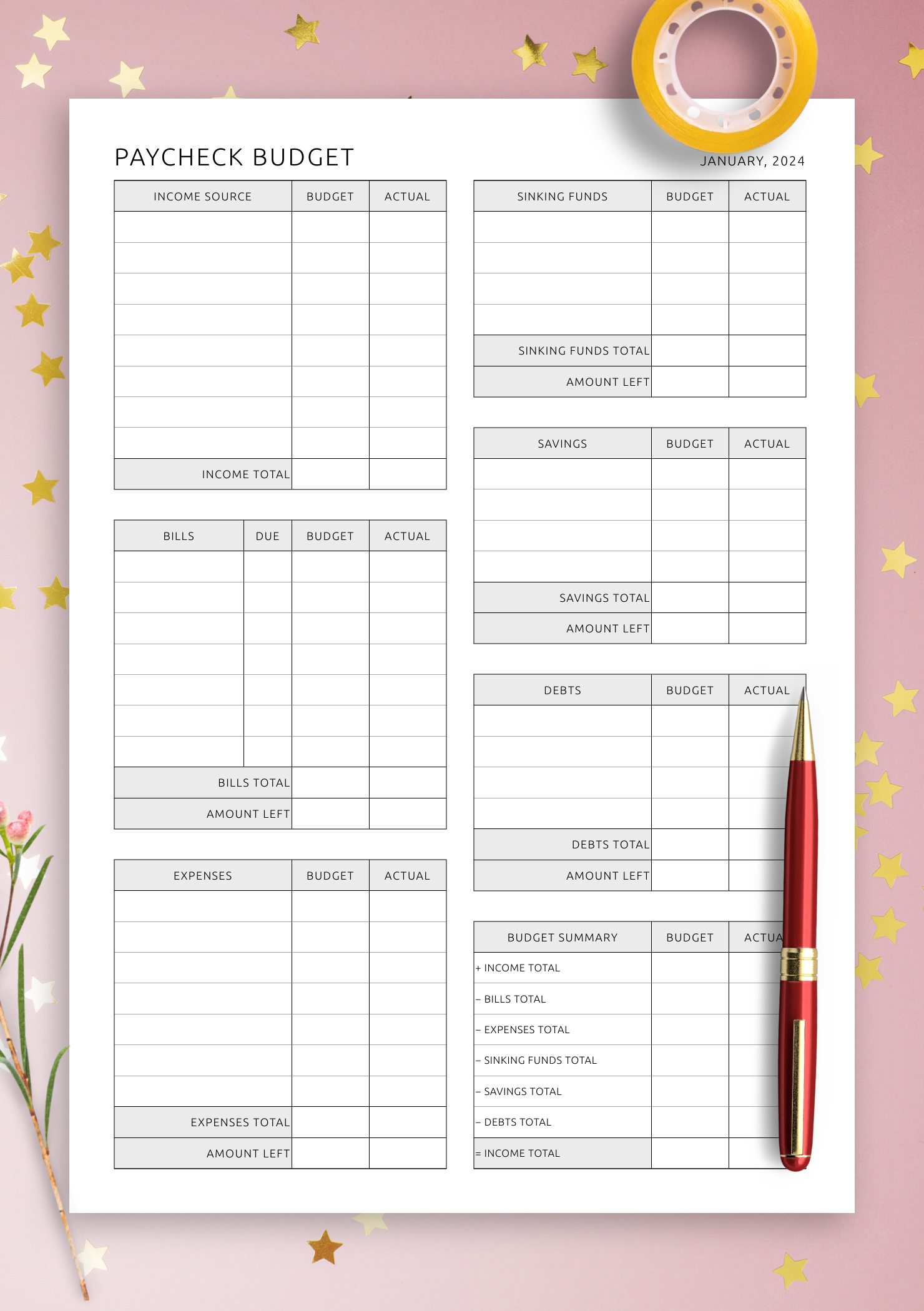 Free Printable Paycheck Budget Worksheet