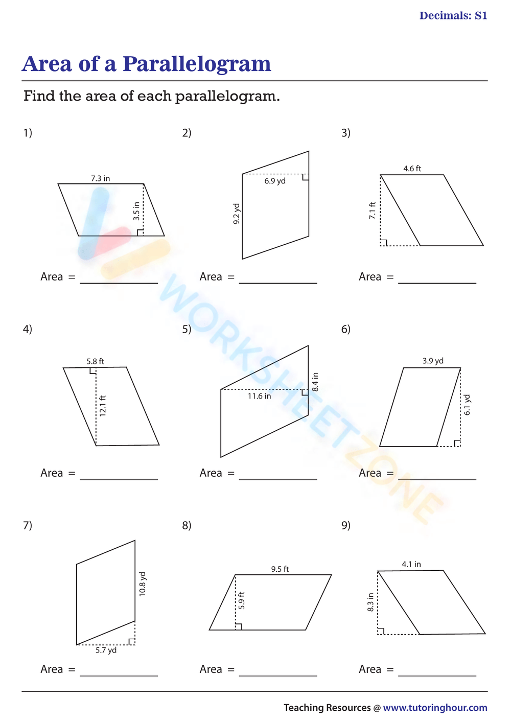 area of a parallelogram worksheet