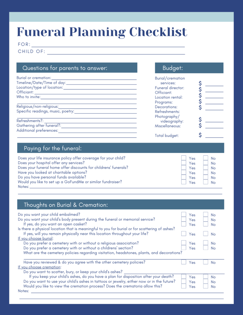 Printable Brochure amp Checklist For Planning A Babys Funeral Worksheets Library