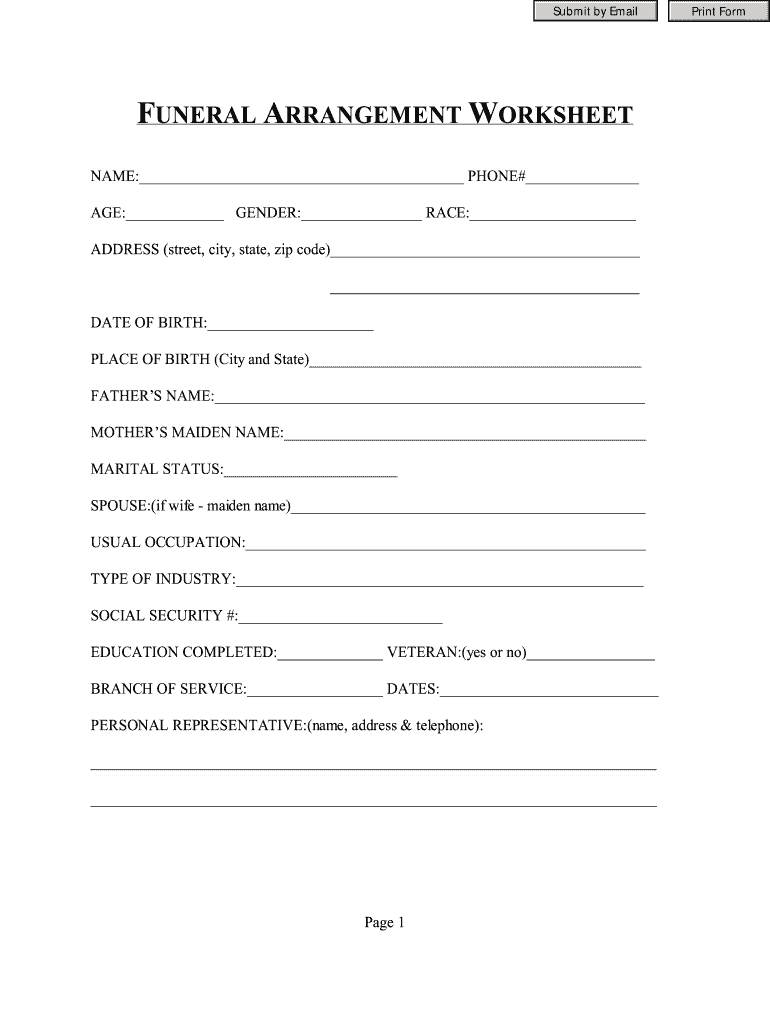 Printable Funeral Pre Planning Worksheet