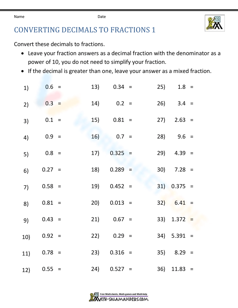 Printable Grade 7 Converting Decimals To Fractions Worksheets Printable Grade 7 Converting Decimals To Fractions Worksheets