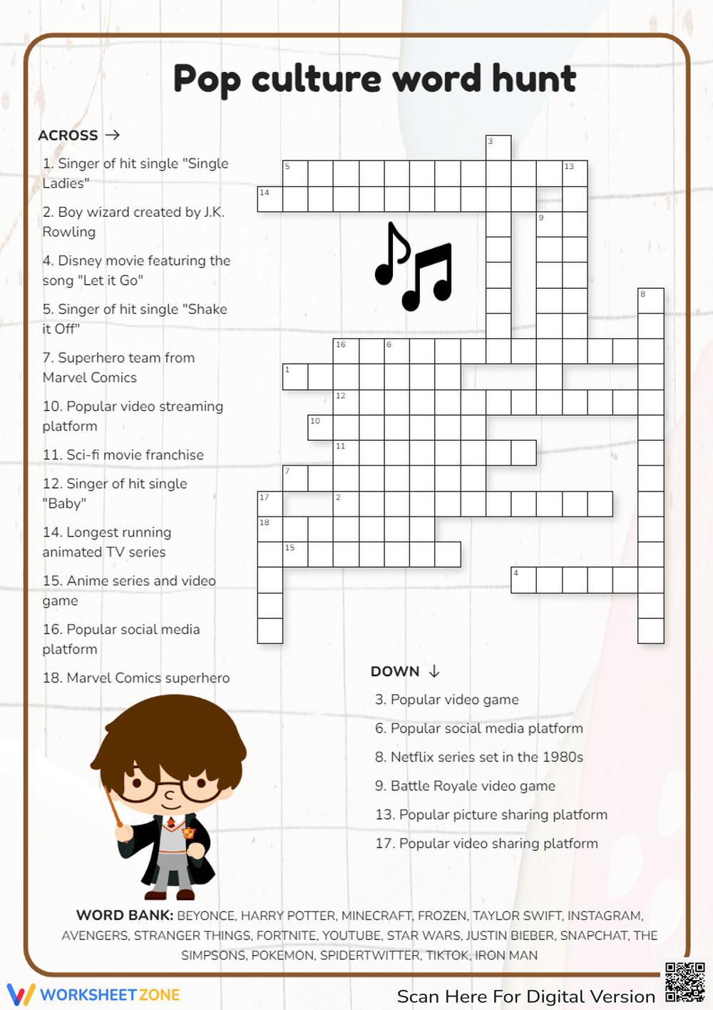 Printable Pop Culture Crossword Puzzles Worksheets