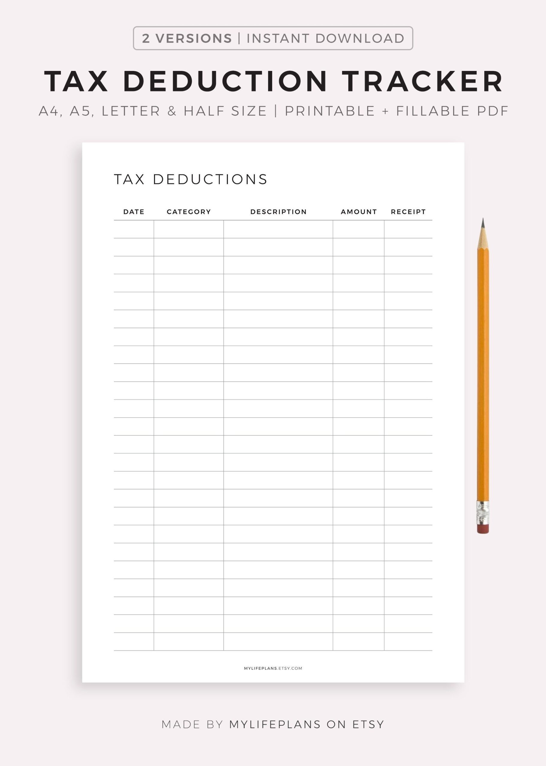 Printable Tax Deduction Tracker Business Tax Log Purchase Worksheets Library