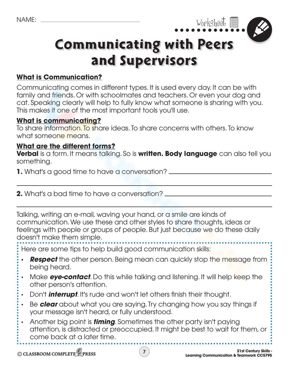Free Printable Communication Skills Worksheets