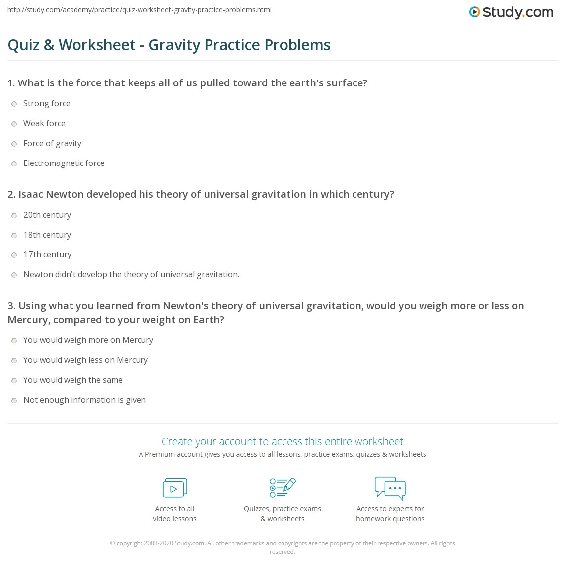 Quiz Worksheet Gravity Practice Problems Study Quiz Worksheet Gravity Practice Problems Study