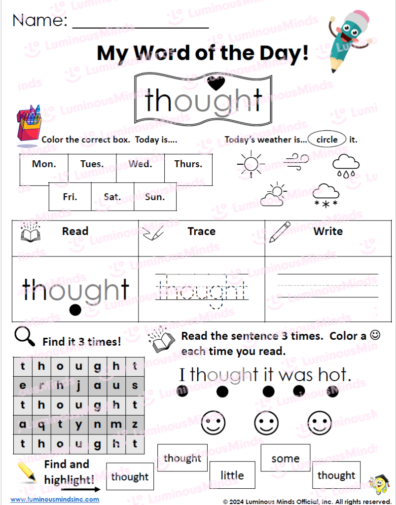 Reading Comprehension Worksheets Bought Brought Thought Heart Word Sight Word Mini Set