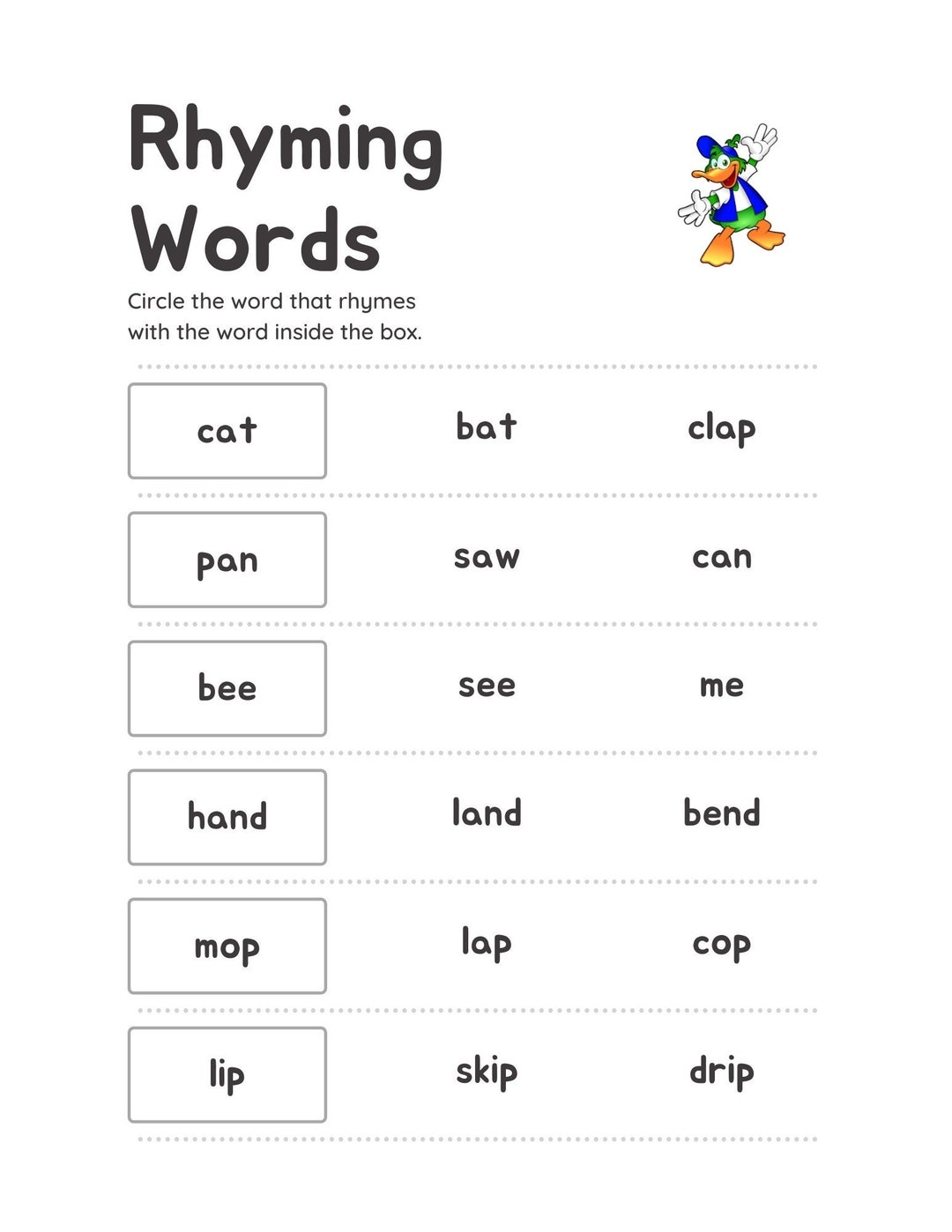 Rhyming Words Worksheet Etsy
