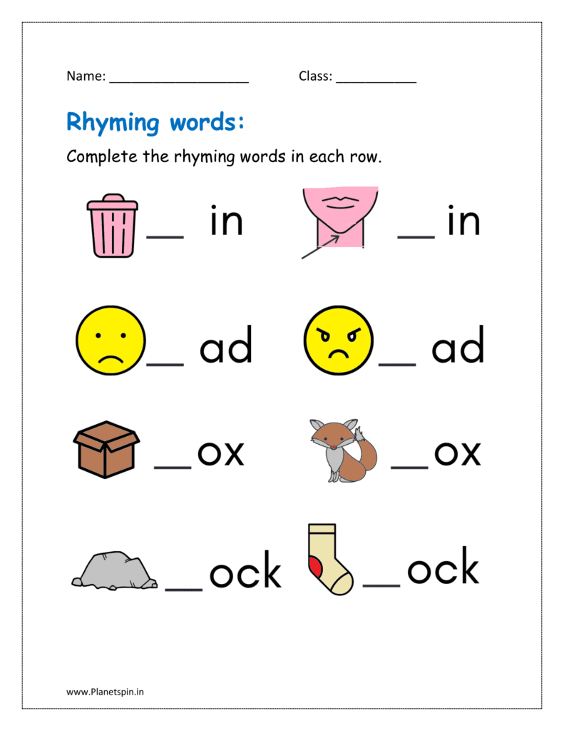 Rhyming Words Worksheets PDF For Kindergarten Planetspin in