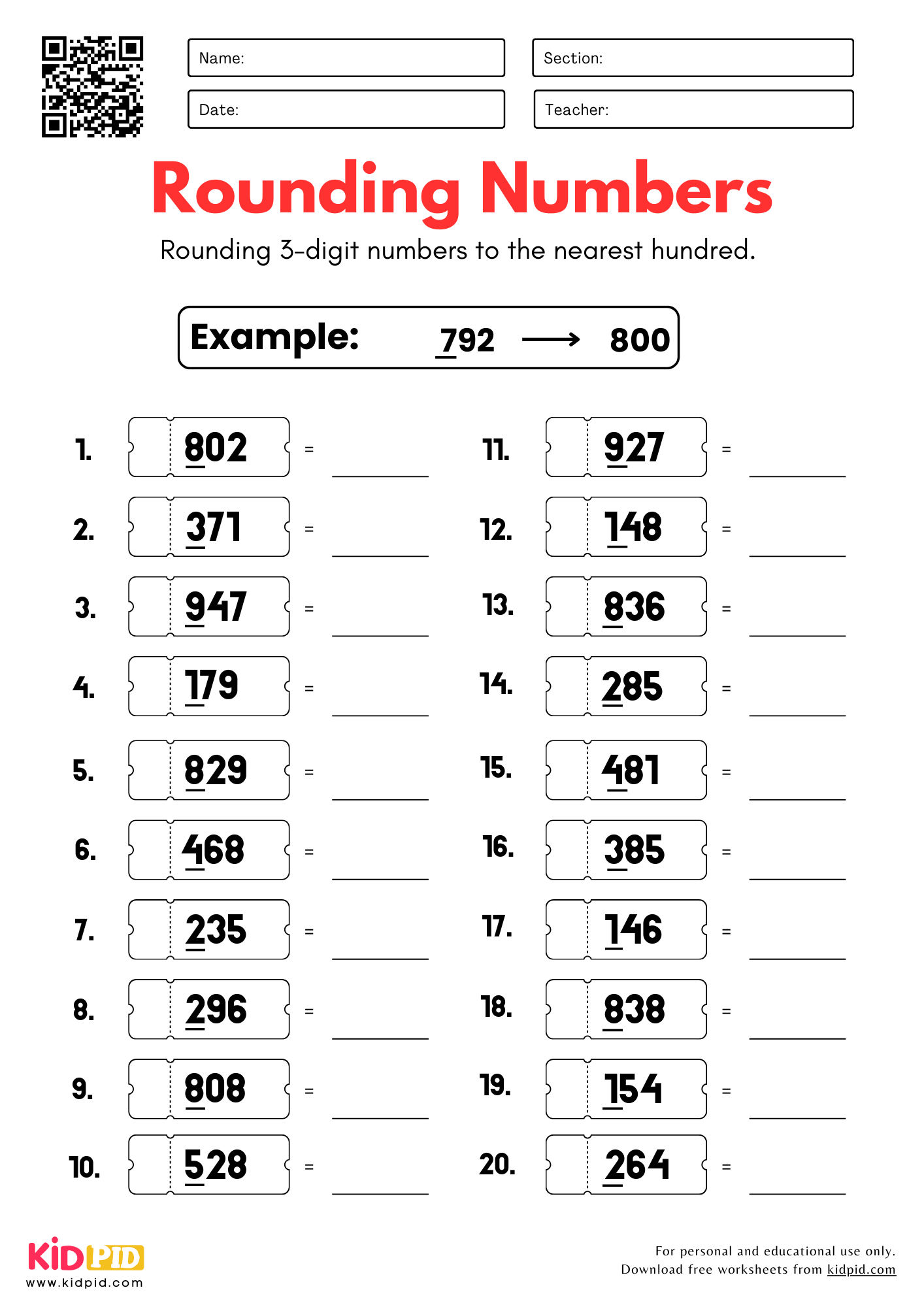 Rounding Numbers Worksheets Grade 3