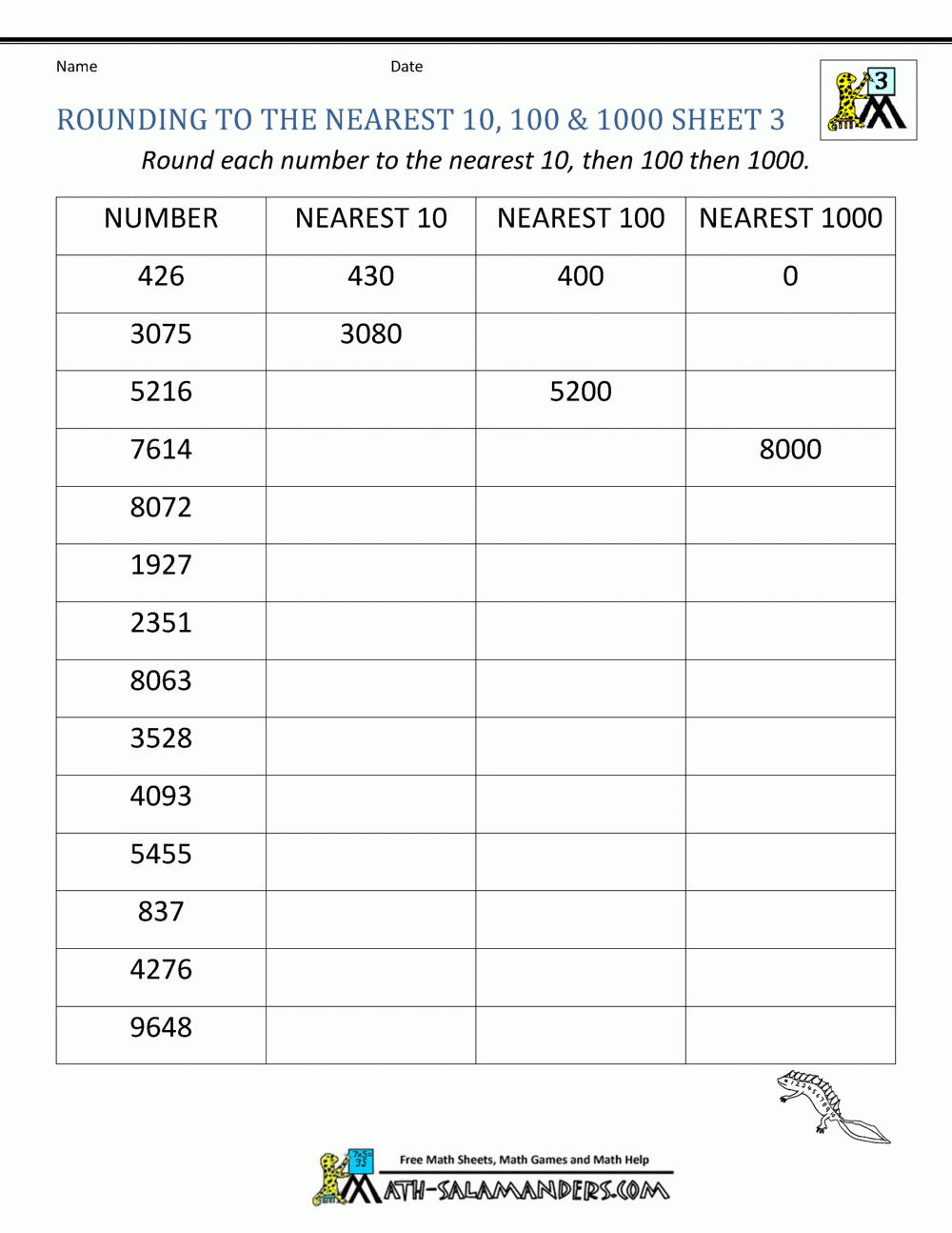 Rounding To The Nearest 1000 Worksheets