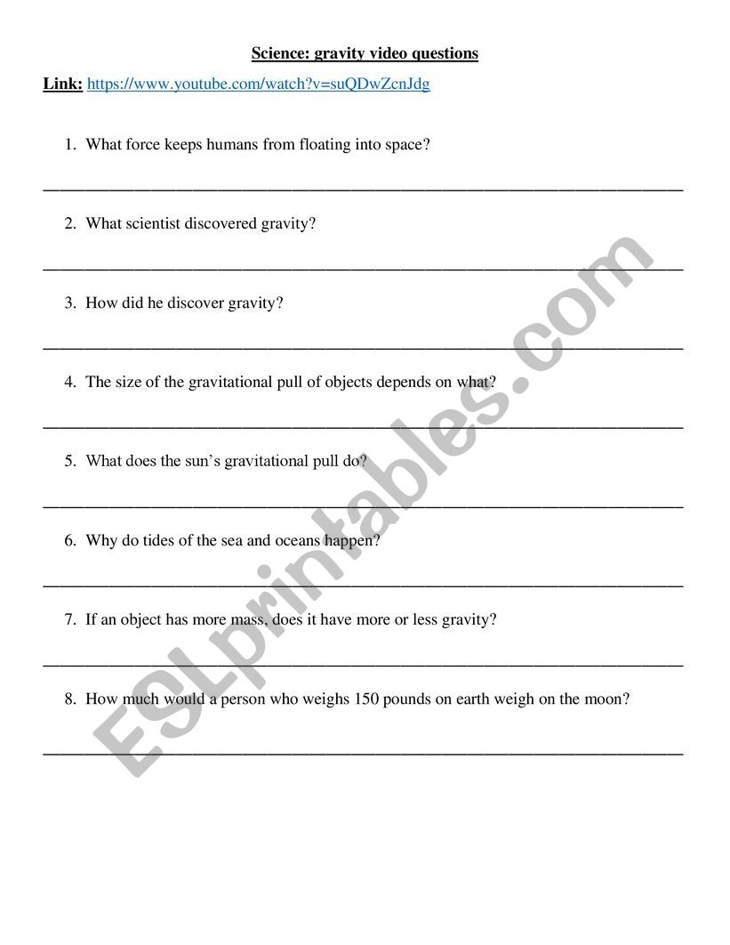 Science Gravity Video Questions ESL Worksheet By Borotraj Science Gravity Video Questions ESL Worksheet By Borotraj