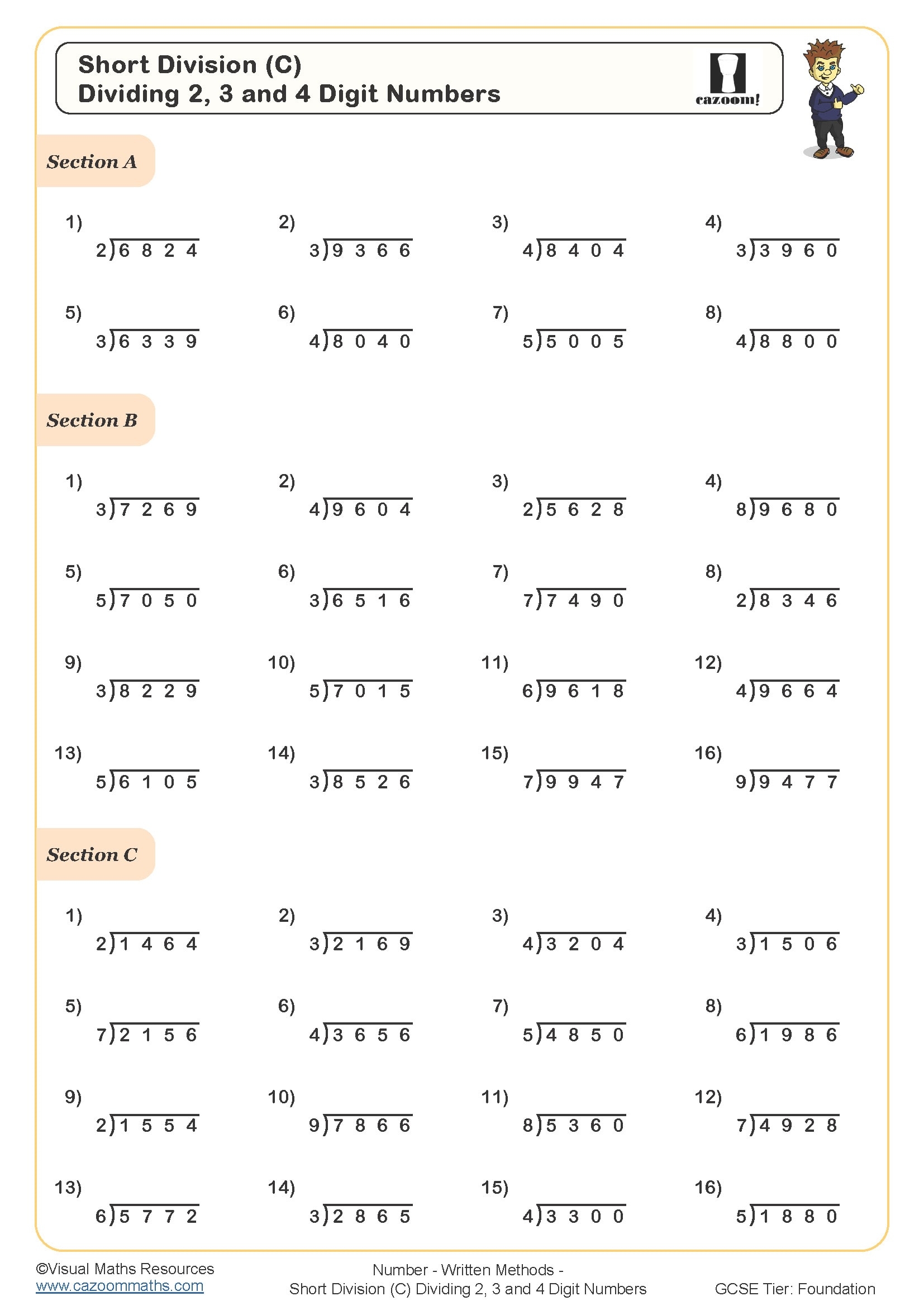Short Division C Dividing 2 3 And 4 Digit Numbers Worksheet Printable Maths Worksheets