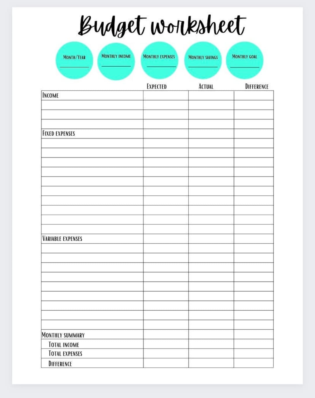 Simple Budget Worksheet Etsy Simple Budget Worksheet Etsy