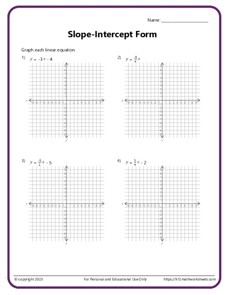 Graphing Linear Equations Worksheet