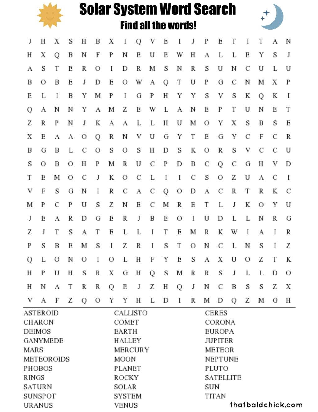 solar system word search solar system word search