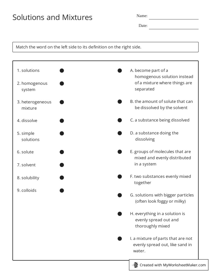 mixtures and solutions worksheet