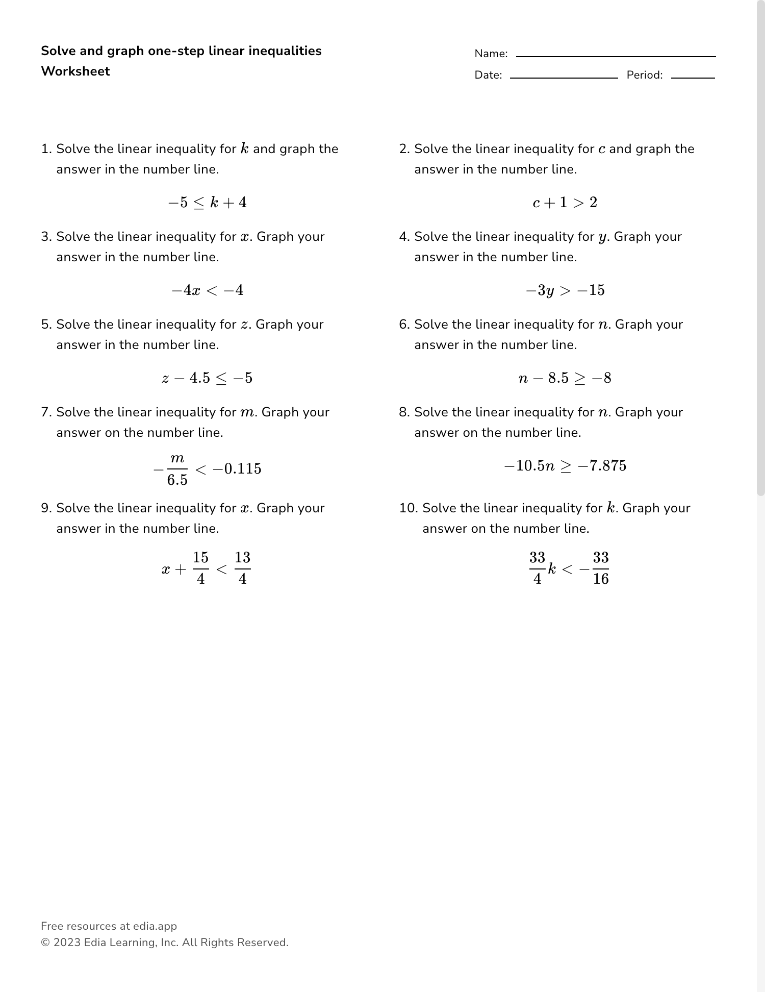 Solve And Graph One step Linear Inequalities Worksheet Solve And Graph One step Linear Inequalities Worksheet
