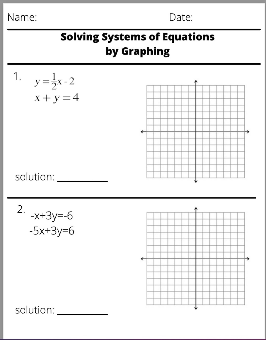 Solving Systems Of Equations By Graphing Worksheet Etsy