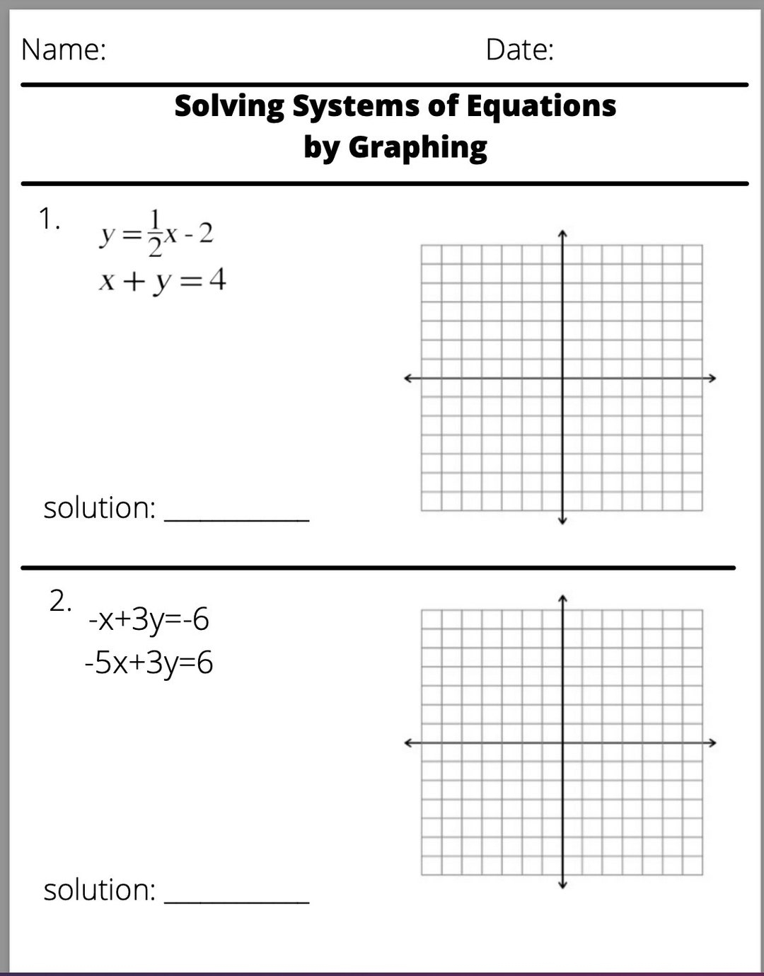 Solving Systems Of Equations By Graphing Worksheet Etsy Solving Systems Of Equations By Graphing Worksheet Etsy