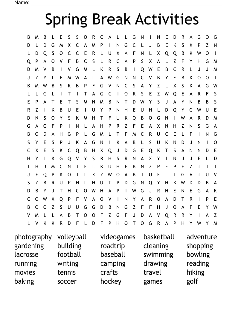 Spring Break Activities Word Search WordMint Spring Break Activities Word Search WordMint