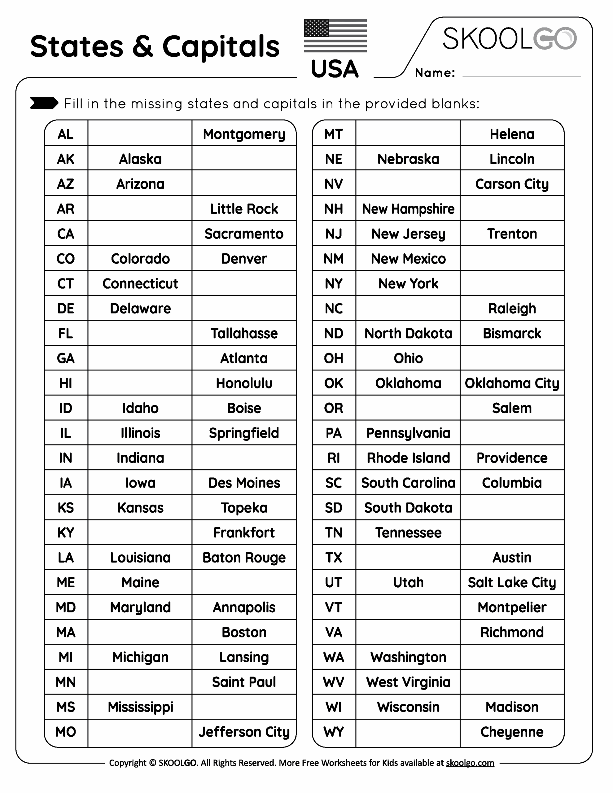 Free Printable State Capital Worksheets