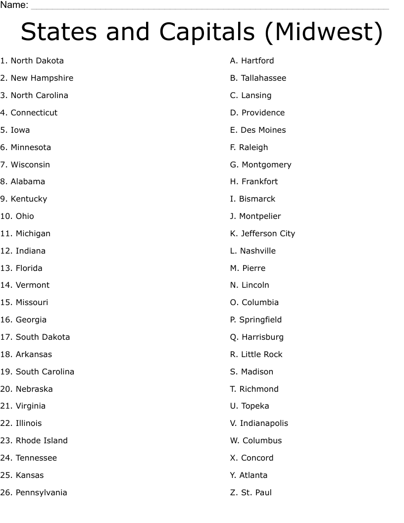 Free Printable Midwest States And Capitals Worksheet